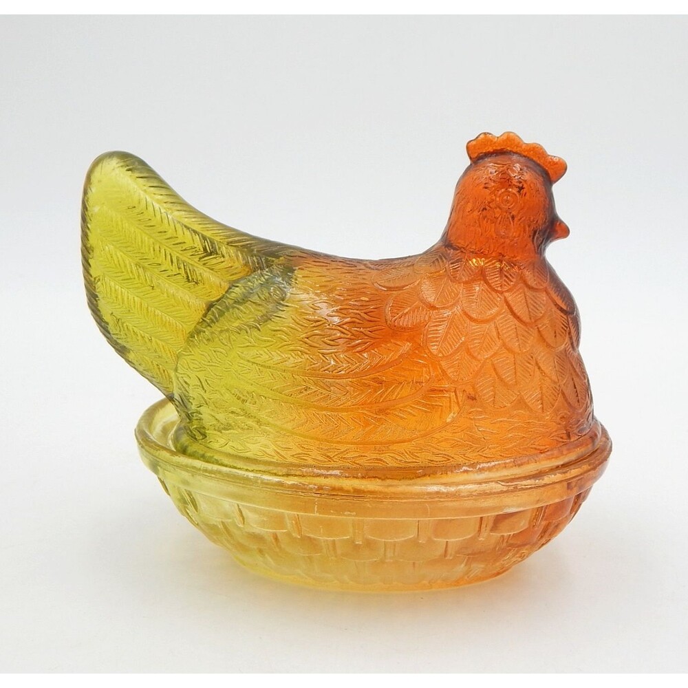 Glass Hen On Nest Ombre Amber Yellow 6 Inch Covered Candy Dish Vintage - Picture 4 of 14